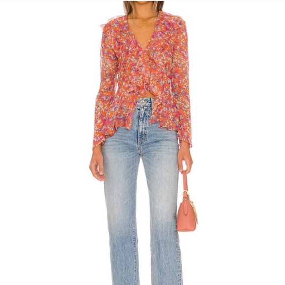 Tops - New Free People Floral Ruffle Blouse - Pink and Orange